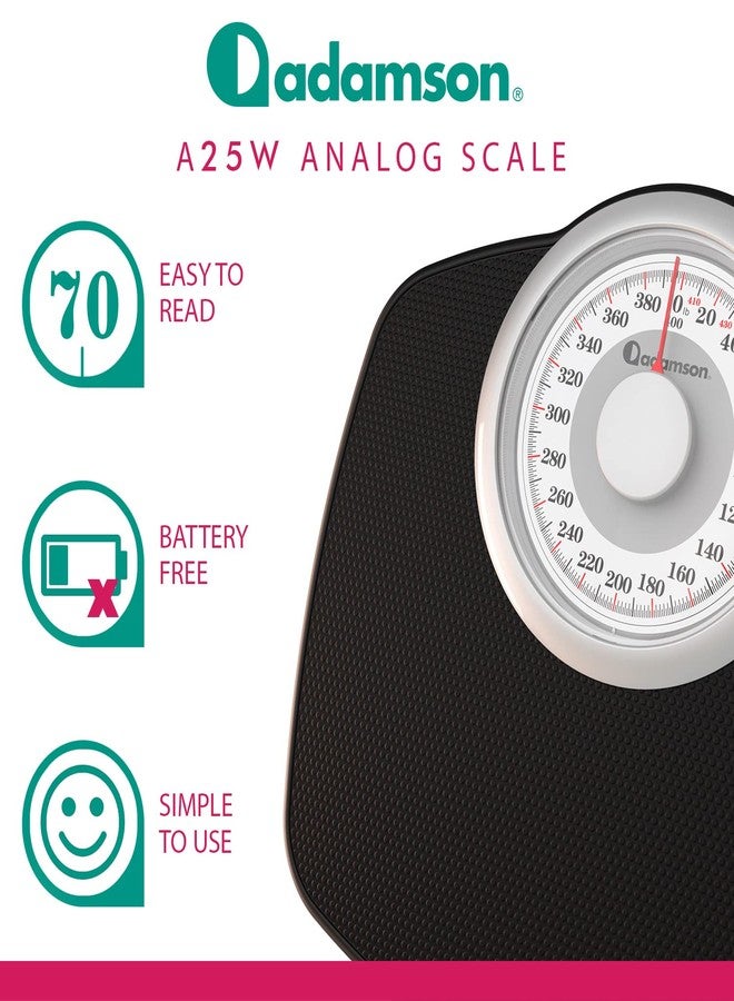 Adamson A25W Scales for Body Weight - Up to 400 LB - 5.3" Dial on 12.4" x 10.2" Platform - Anti-Skid Rubber Surface - High Precision Bathroom Scale Analog - Durable with 20-Year Assurance - White - Image 2