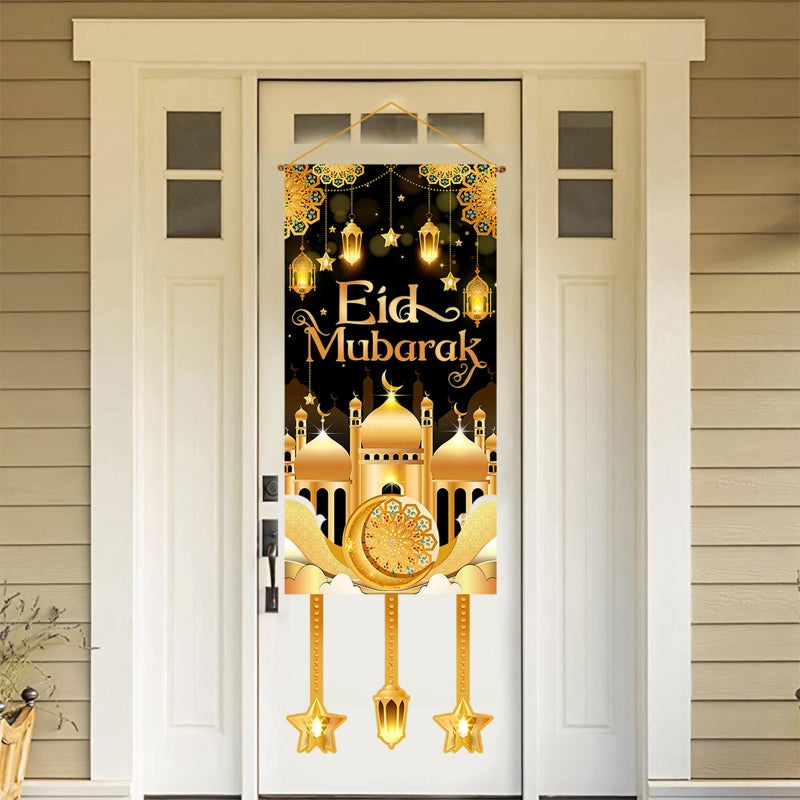 FengRise Eid Mubarak Ramadan Hanging Door Decoration, Black Gold Moon Lantern Hanging Banner for Ramadan Decorations, 2026 Eid Mubarak Party, Passover Decor for Home Outdoor - Image 1