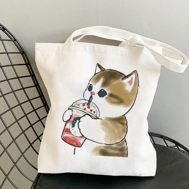 Popular Cartoon Cat Cat Printed Canvas Bag Shoulder Bag Casual Student Women'S Tote Bag Shopping Bag - Image 5