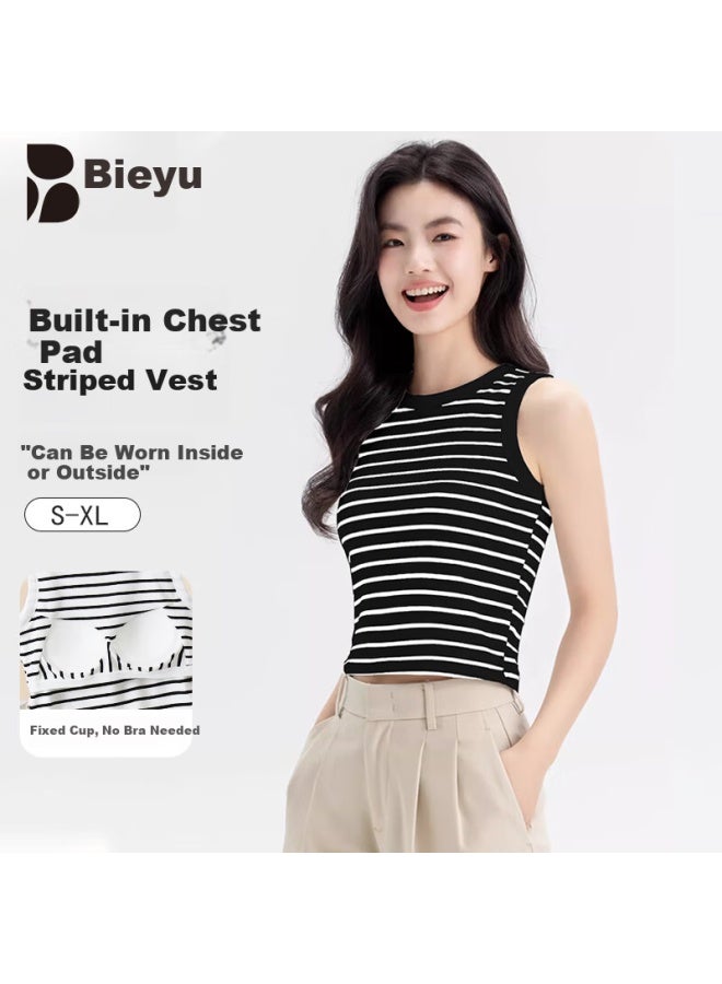 Don't speak Bieyu Striped Padded Vest Bra Integrated Summer Outerwear Side Coverage Colorblock Sleeveless Top Black L - Image 1