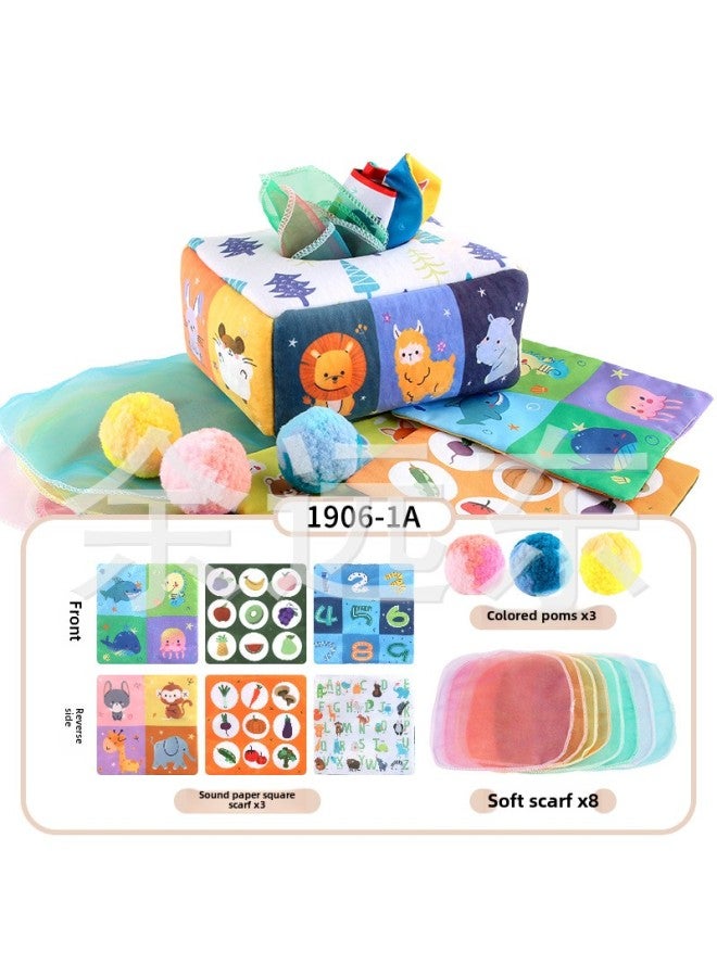 Baby Early Education Cloth Book Tissue Box Ring Paper Square Towel Cognitive Animal English Tear Not To Rip Children's Tissue Toy-Color:1906-1A Animal Towel Box With Pompom 79.8G Volume Weight 350 Grams  - Image 1