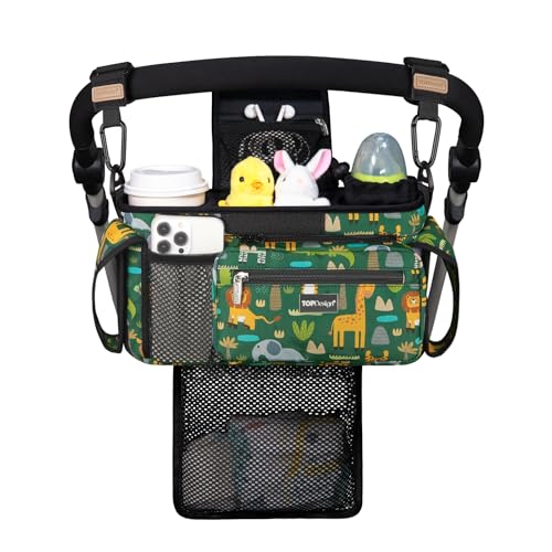 TOPDesign Universal Baby Stroller Organizer Stroller Caddy with Detachable Mesh Bag Heightened Insulated Cup Holders NonSlip Secure Hooks Accessories Fits Most Strollers Zoo 2 - Image 1