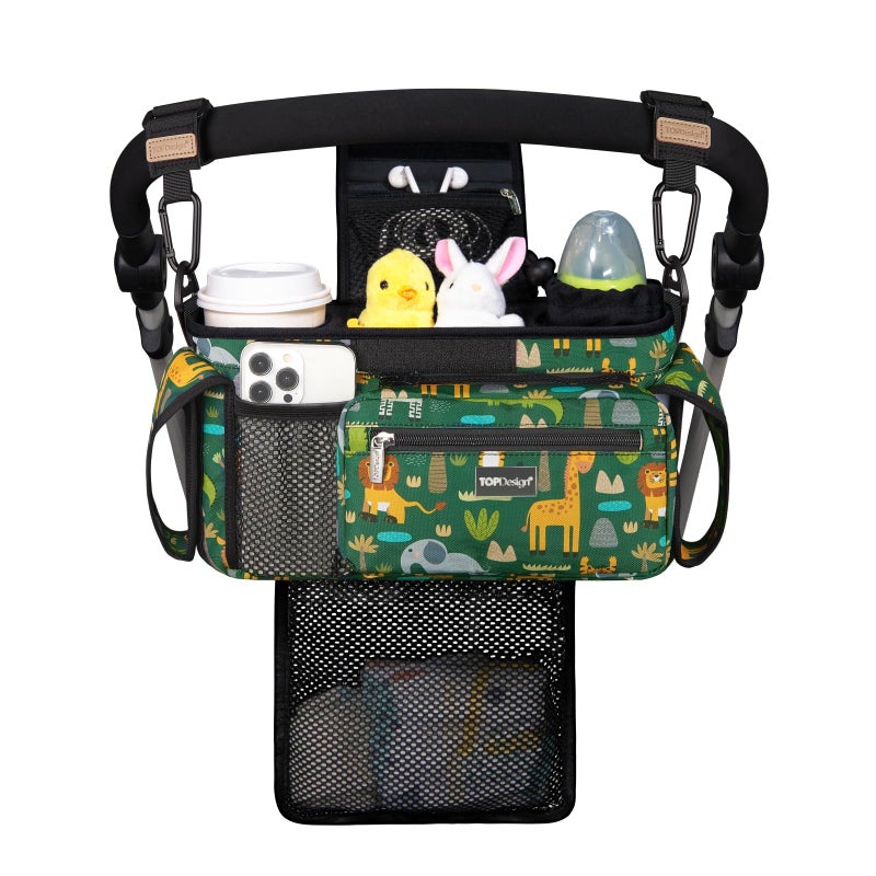 TOPDesign Universal Baby Stroller Organizer Stroller Caddy with Detachable Mesh Bag Heightened Insulated Cup Holders NonSlip Secure Hooks Accessories Fits Most Strollers Zoo 2 - Image 2