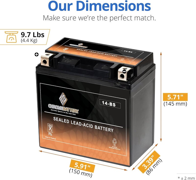 CB CHROMEBATTERY بطارية ATV YTX14-BS 200CCA - قابلة للشحن، مختومة من المصنع، بديل لهوندا TRX 500 420 450 350 300 روبكون فورمان رانشر - Image 3