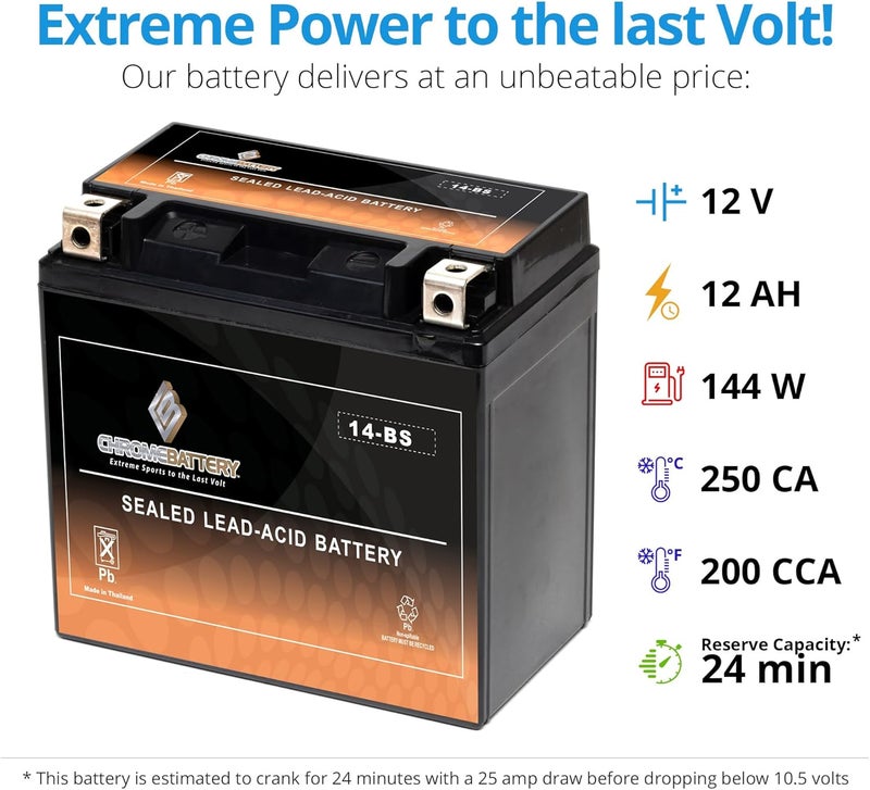 CB CHROMEBATTERY بطارية ATV YTX14-BS 200CCA - قابلة للشحن، مختومة من المصنع، بديل لهوندا TRX 500 420 450 350 300 روبكون فورمان رانشر - Image 4