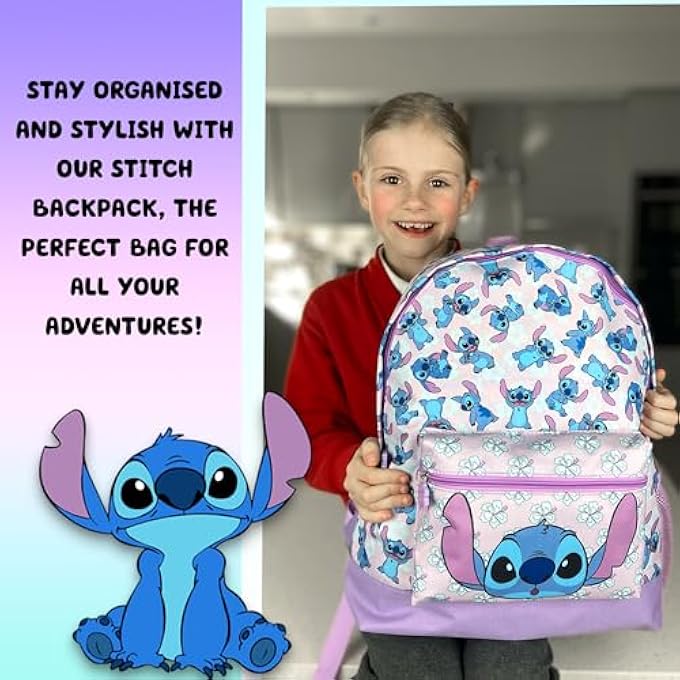 Stitch School Bag Backpack for Boys  Girls 2 Compartment Travel Rucksack for Kids Adjustable Shoulder straps and Mesh Pocket Purple Onesize - Image 4