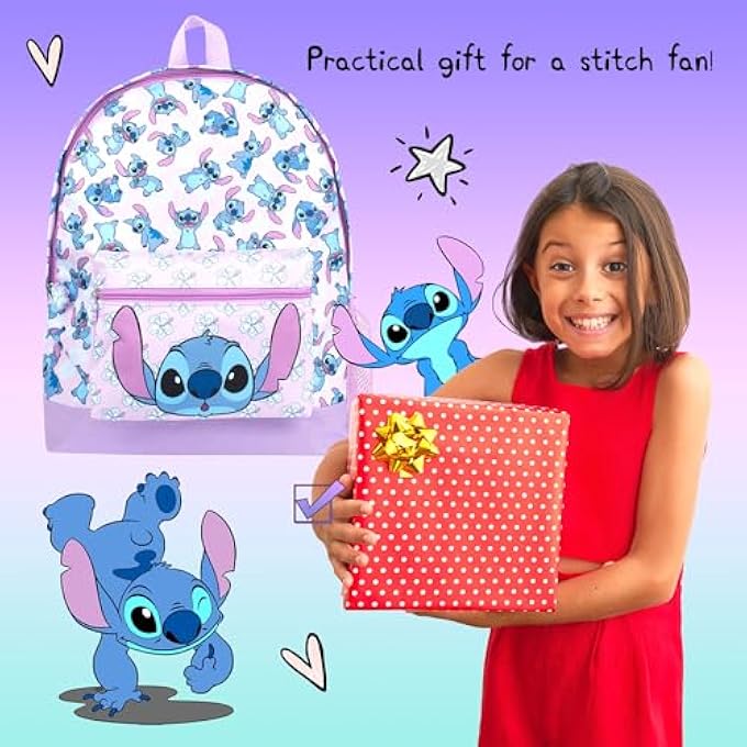 Stitch School Bag Backpack for Boys  Girls 2 Compartment Travel Rucksack for Kids Adjustable Shoulder straps and Mesh Pocket Purple Onesize - Image 5