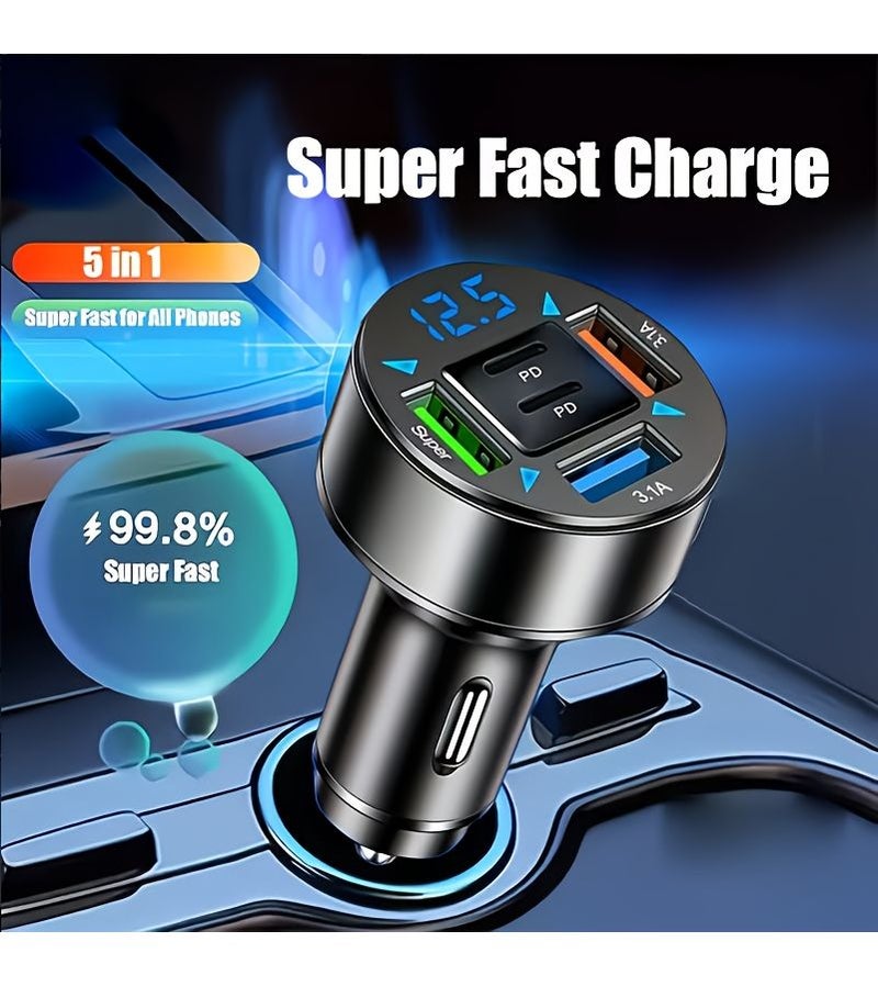 شاحن سيارة سريع 200 واط، 5 منافذ، 3 USB، 2 PD، أسود داكن، حماية من الجهد الزائد - Image 2