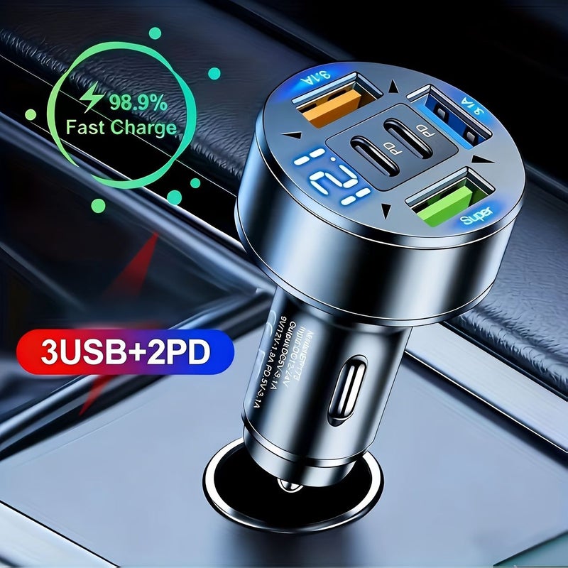 شاحن سيارة سريع 200 واط، 5 منافذ، 3 USB، 2 PD، أسود داكن، حماية من الجهد الزائد - Image 3