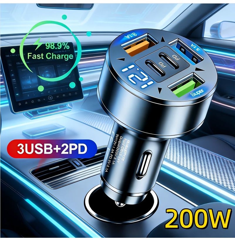 شاحن سيارة سريع 200 واط، 5 منافذ، 3 USB، 2 PD، أسود داكن، حماية من الجهد الزائد - Image 1