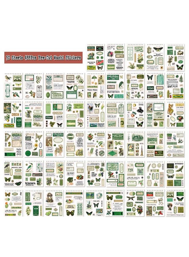 Dwpetzo 488PCS Vintage Scrapbook Stickers, 50 Sheets Precut Washi Stickers Book for Journaling, Green Ephemera for Junk Journal Supplies, Scrapbooking, Bujo, Collage, Adults Crafts Arts - Image 2