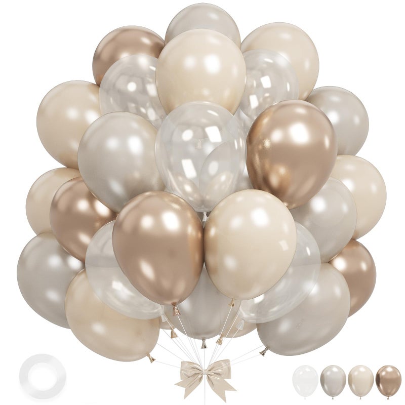 Sowide Beige White Gold Balloons,12 Inchs Sand White Metallic Champagne Clear Bride Balloons for Girls Wedding Anniversary Bachelorette Party Boho Bridal Shower Birthday Decorations - Image 1