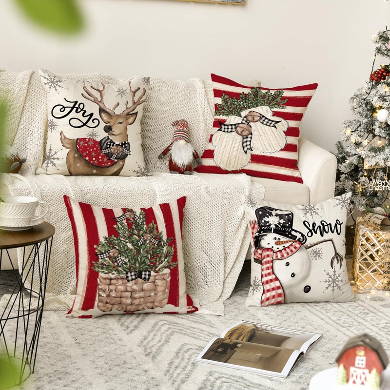 AVOIN colorlife AVOIN colorlife Christmas Snowman Reindeer Gloves Eucalyptus Red Throw Pillow Covers  16 x 16 Inch Winter Holiday Stripes Cushion Case Decoration for Sofa Couch Set of 4  - Image 2