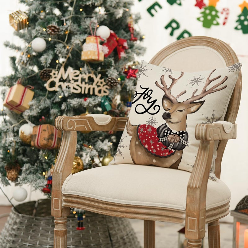 AVOIN colorlife AVOIN colorlife Christmas Snowman Reindeer Gloves Eucalyptus Red Throw Pillow Covers  16 x 16 Inch Winter Holiday Stripes Cushion Case Decoration for Sofa Couch Set of 4  - Image 5