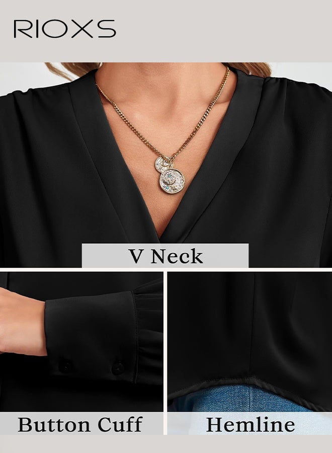 ريوكس ​​قميص نسائي أسود برقبة على شكل V من الحرير، بلوزة بأكمام طويلة وأزرار، بلوزة أنيقة وعصرية من قماش قابل للتنفس، قميص متعدد الاستخدامات من المكتب إلى عطلة نهاية الأسبوع، بلوزة أنثوية ناعمة ومتدلية​ - Image 4