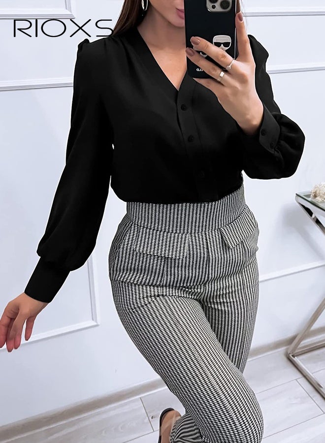 ريوكس ​​قميص نسائي أسود برقبة على شكل V من الحرير، بلوزة بأكمام طويلة وأزرار، بلوزة أنيقة وعصرية من قماش قابل للتنفس، قميص متعدد الاستخدامات من المكتب إلى عطلة نهاية الأسبوع، بلوزة أنثوية ناعمة ومتدلية​ - Image 5