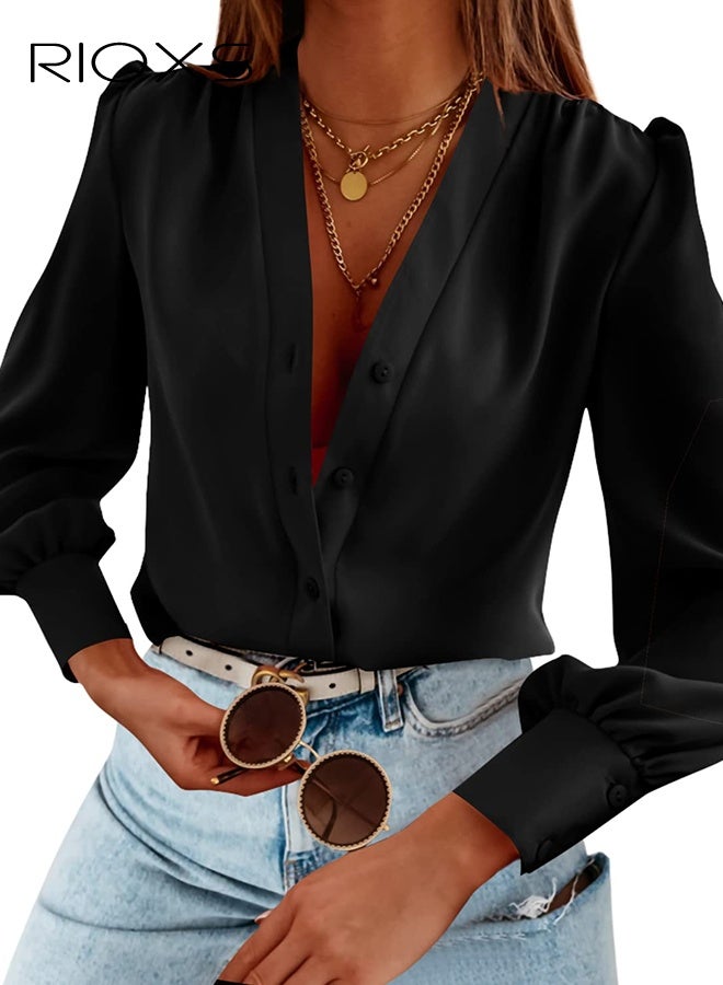 ريوكس ​​قميص نسائي أسود برقبة على شكل V من الحرير، بلوزة بأكمام طويلة وأزرار، بلوزة أنيقة وعصرية من قماش قابل للتنفس، قميص متعدد الاستخدامات من المكتب إلى عطلة نهاية الأسبوع، بلوزة أنثوية ناعمة ومتدلية​ - Image 2