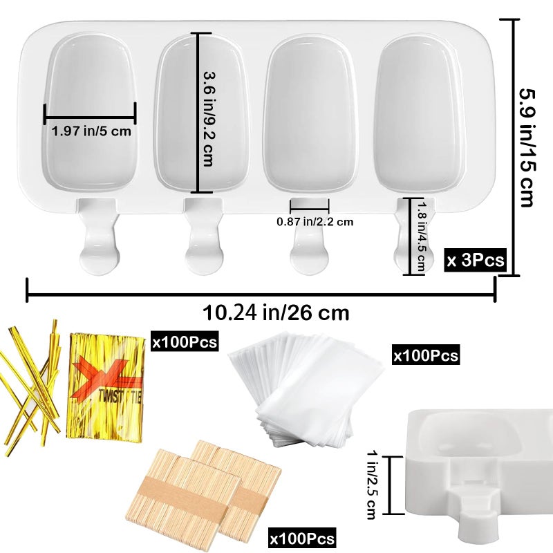 BZIDII 3pcs Large Silicone Popsicle Molds Set,BZIDII 4 Cavities Cake Pop Molds,Oval Ice Cream Bar Mold Ice Pop Cakesicle Molds Silicone with 100 Wooden Sticks & 100 Bags &100 Twist Ties(White) - Image 2