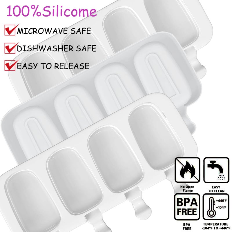 BZIDII 3pcs Large Silicone Popsicle Molds Set,BZIDII 4 Cavities Cake Pop Molds,Oval Ice Cream Bar Mold Ice Pop Cakesicle Molds Silicone with 100 Wooden Sticks & 100 Bags &100 Twist Ties(White) - Image 3