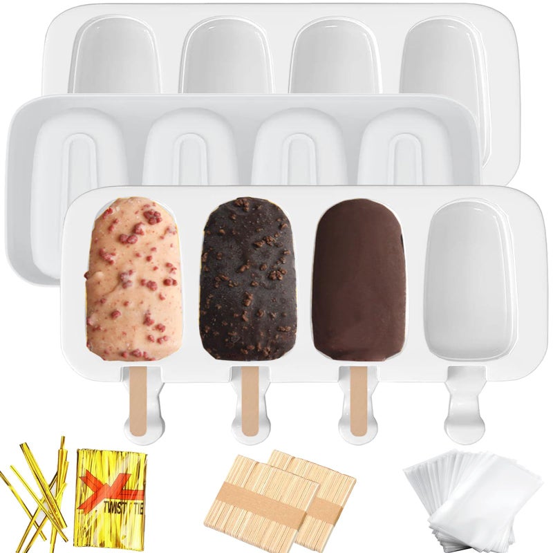 BZIDII 3pcs Large Silicone Popsicle Molds Set,BZIDII 4 Cavities Cake Pop Molds,Oval Ice Cream Bar Mold Ice Pop Cakesicle Molds Silicone with 100 Wooden Sticks & 100 Bags &100 Twist Ties(White) - Image 1