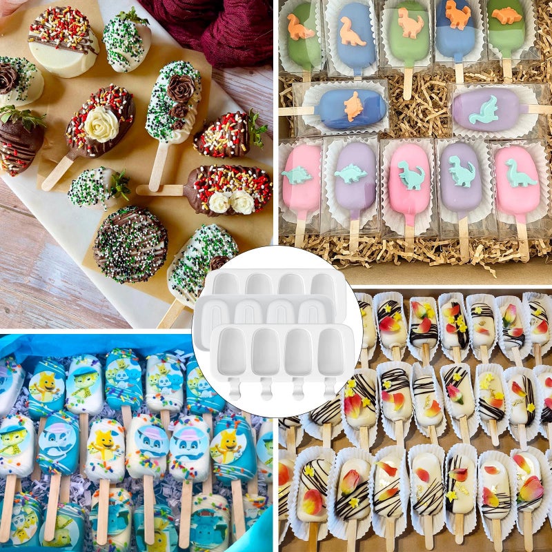 BZIDII 3pcs Large Silicone Popsicle Molds Set,BZIDII 4 Cavities Cake Pop Molds,Oval Ice Cream Bar Mold Ice Pop Cakesicle Molds Silicone with 100 Wooden Sticks & 100 Bags &100 Twist Ties(White) - Image 4