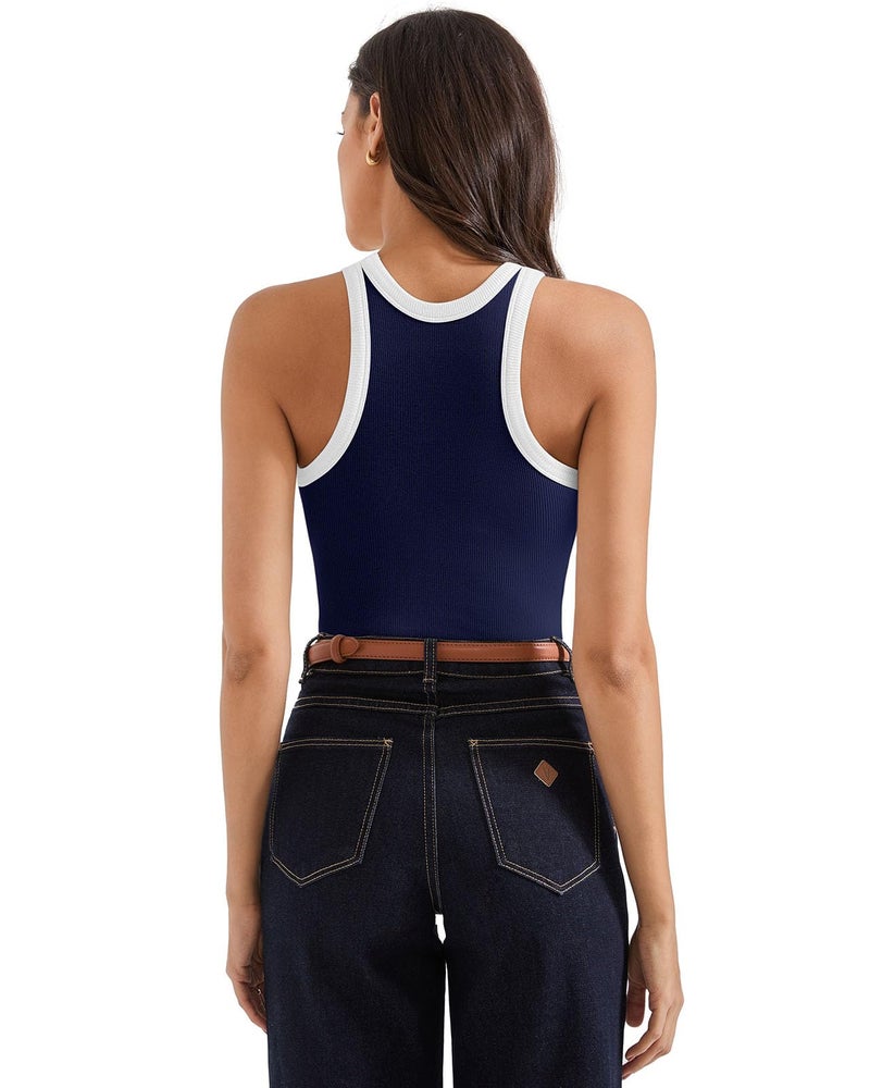 SUUKSESS Women Padded Cotton Ribbed Tank Tops Sleeveless High Neck Racerback Basic Tops(Navy-White, M) - Image 4