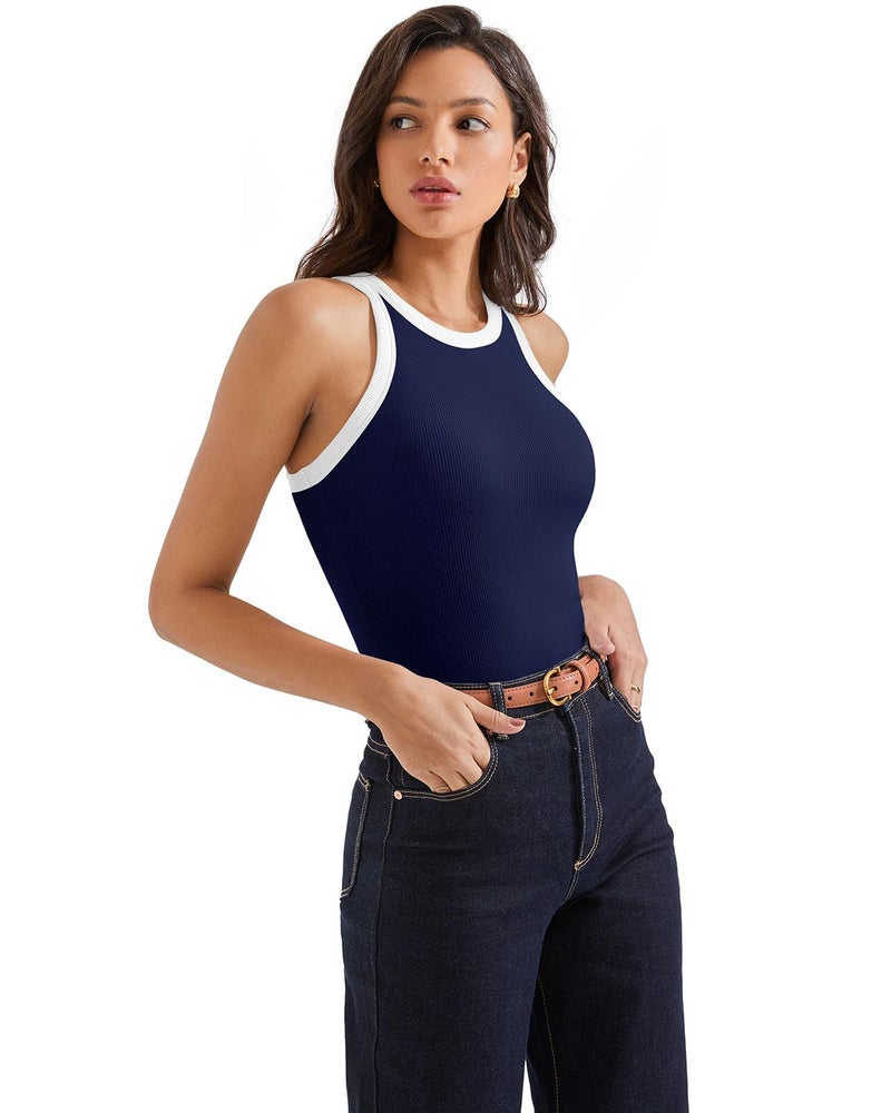 SUUKSESS Women Padded Cotton Ribbed Tank Tops Sleeveless High Neck Racerback Basic Tops(Navy-White, M) - Image 5