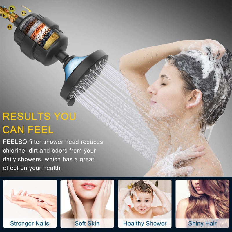 FEELSO Shower Head and 15 Stage Shower Filter Combo, High Pressure 5 Spray Settings Filtered Showerhead with Water Softener Filter Cartridge for Hard Water Remove Chlorine and Harmful Substances - Image 3