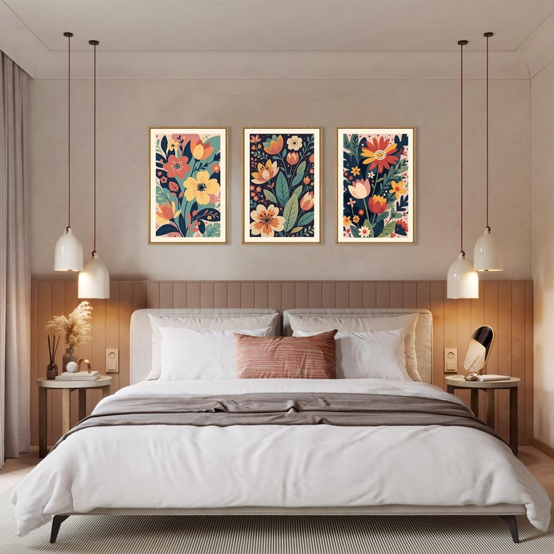 KAIRNE Vintage Colorful Floral Framed Canvas Wall Art Set of 3, Mid Century Modern Flower Wall Decor, Wildflower Plant Painting, Boho Botanical Art Prints for Living Room, Bedroom, Office, 16X24 Inch - Image 3