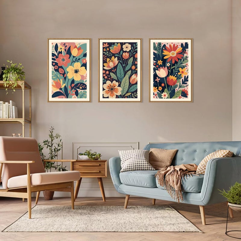 KAIRNE Vintage Colorful Floral Framed Canvas Wall Art Set of 3, Mid Century Modern Flower Wall Decor, Wildflower Plant Painting, Boho Botanical Art Prints for Living Room, Bedroom, Office, 16X24 Inch - Image 2
