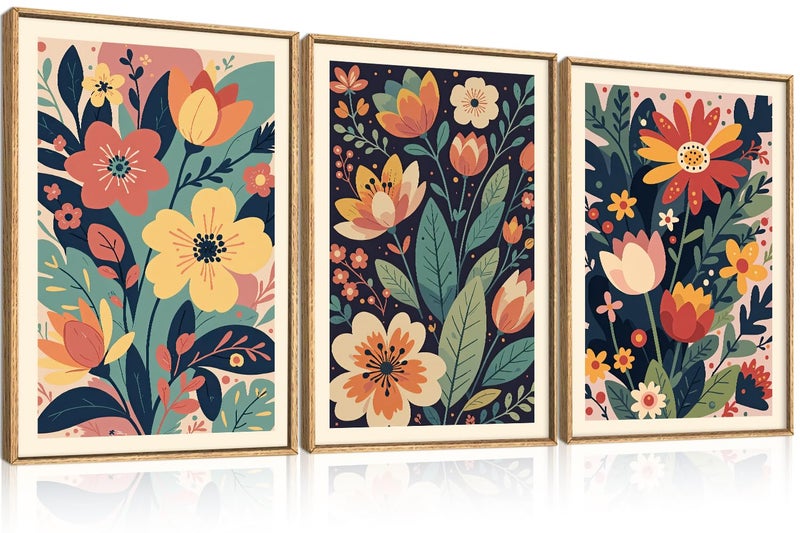 KAIRNE Vintage Colorful Floral Framed Canvas Wall Art Set of 3, Mid Century Modern Flower Wall Decor, Wildflower Plant Painting, Boho Botanical Art Prints for Living Room, Bedroom, Office, 16X24 Inch - Image 1