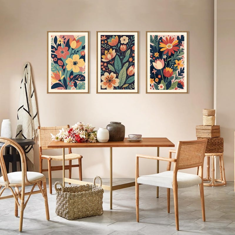 KAIRNE Vintage Colorful Floral Framed Canvas Wall Art Set of 3, Mid Century Modern Flower Wall Decor, Wildflower Plant Painting, Boho Botanical Art Prints for Living Room, Bedroom, Office, 16X24 Inch - Image 5