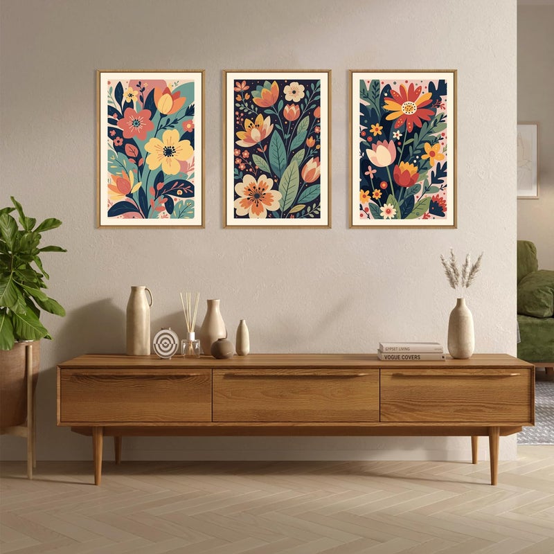 KAIRNE Vintage Colorful Floral Framed Canvas Wall Art Set of 3, Mid Century Modern Flower Wall Decor, Wildflower Plant Painting, Boho Botanical Art Prints for Living Room, Bedroom, Office, 16X24 Inch - Image 4