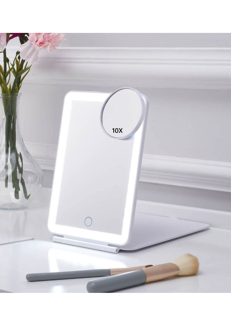 KASTWAVE LED Foldable Travel Makeup Mirror - 5x7 inches 3 Colors Light Modes USB Rechargeable Touch Screen, Portable Tabletop Cosmetic Mirror for Travel, Cosmetic, Office (White)  - Image 1
