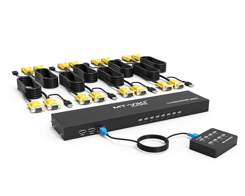 MT-VIKI KVM Switch 8 Port, 8X1 Rackmount KVM Switch VGA, Included 8 2-in-1 KVM Cables & Wire-Desktop Selector & Power Adapter, Fit 1U 19'' Rack - Image 1