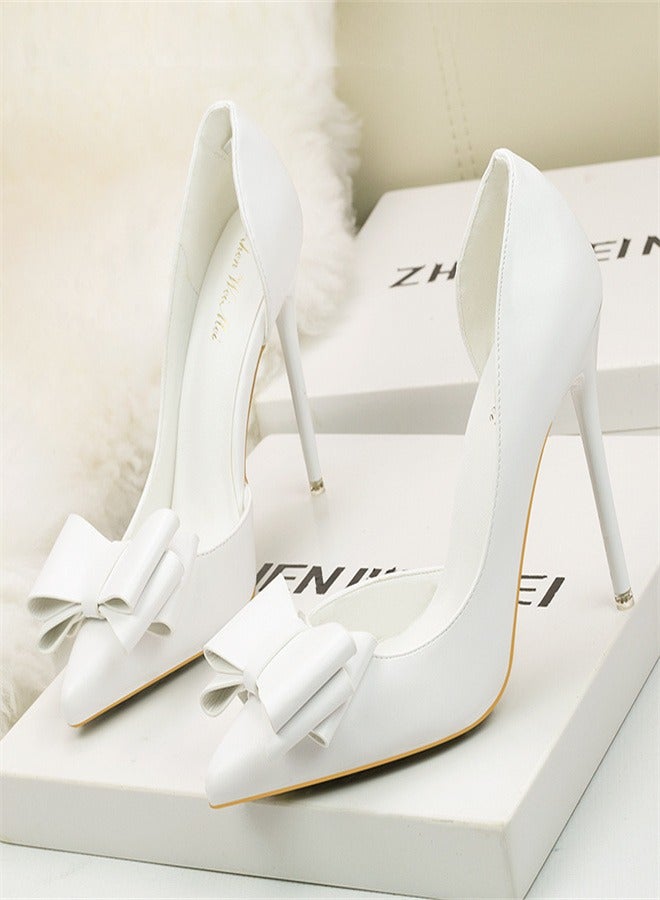 Eloshman Fashionable And Delicate, Sweet Bow, Shallow Mouthed Pointed Side Cut High Heels White - Image 1