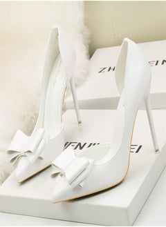 Eloshman Fashionable And Delicate, Sweet Bow, Shallow Mouthed Pointed Side Cut High Heels White  - Image 3