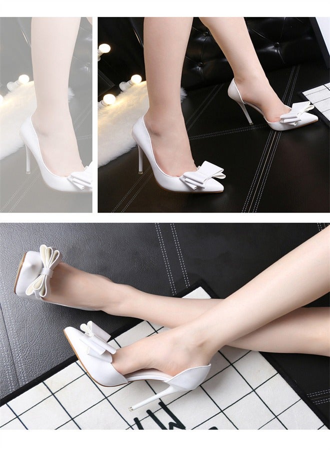 Eloshman Fashionable And Delicate, Sweet Bow, Shallow Mouthed Pointed Side Cut High Heels White - Image 2