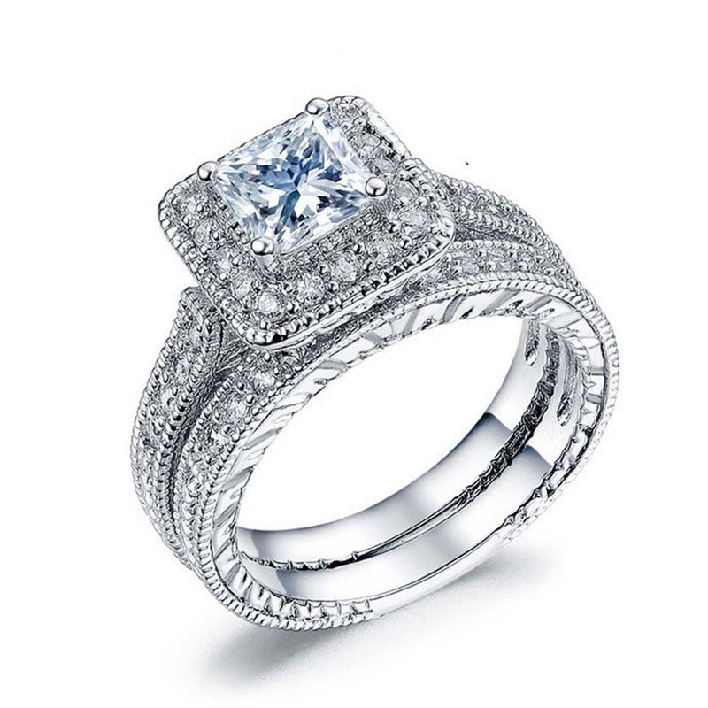 EUJHRTM 925 Sterling Silver Two in one Double-Layer Cubic Zirconia Wedding Ring for Women, Halo Wedding Ring Set, Men's and Women's Titanium Stainless Steel Ring 2-Piece Set Size 7 - Image 5