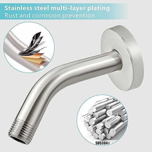 Nuodan Shower Arm with Flange, 6 Inches Wall Mount Replacement Shower Head Arm For Fixed Shower Head and Handheld Showerhead, Brushed Nickel - Image 3