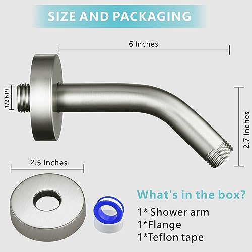 Nuodan Shower Arm with Flange, 6 Inches Wall Mount Replacement Shower Head Arm For Fixed Shower Head and Handheld Showerhead, Brushed Nickel - Image 2