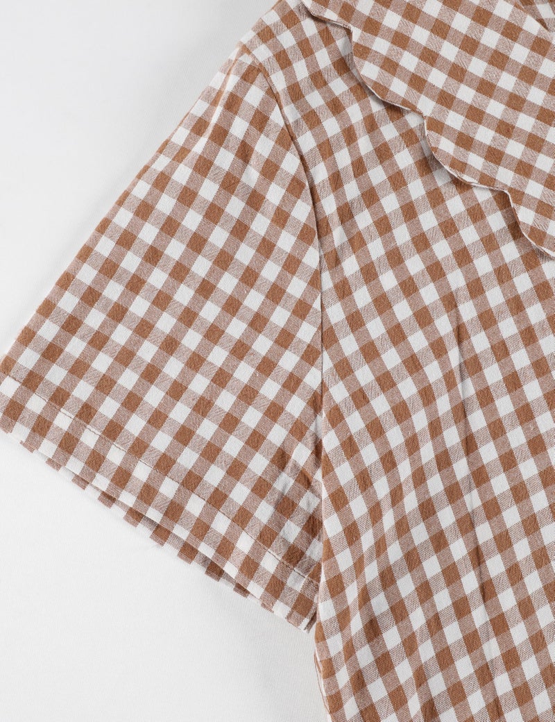 Tanming Womens Gingham 2 Piece Pajamas Sets Puff Sleeve Babydoll Shirt Ruffle Pants Pj Lounge Set Sleepwear(Brown-L) - Image 3