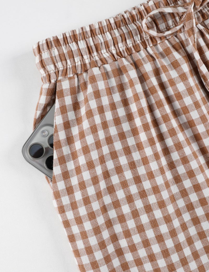 Tanming Womens Gingham 2 Piece Pajamas Sets Puff Sleeve Babydoll Shirt Ruffle Pants Pj Lounge Set Sleepwear(Brown-L) - Image 5