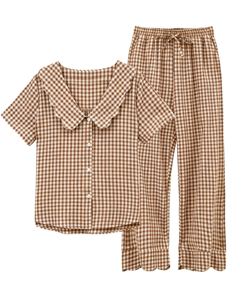Tanming Womens Gingham 2 Piece Pajamas Sets Puff Sleeve Babydoll Shirt Ruffle Pants Pj Lounge Set Sleepwear(Brown-L) - Image 1