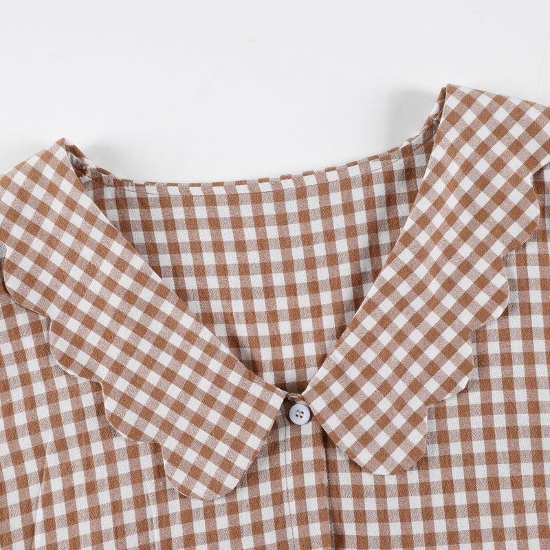 Tanming Womens Gingham 2 Piece Pajamas Sets Puff Sleeve Babydoll Shirt Ruffle Pants Pj Lounge Set Sleepwear(Brown-L) - Image 2