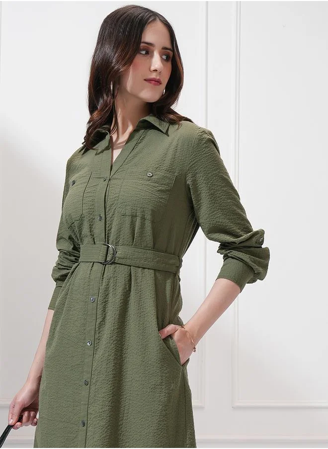 Tokyo Talkies Textured Collared Shirt Midi Dress with Belt Detail