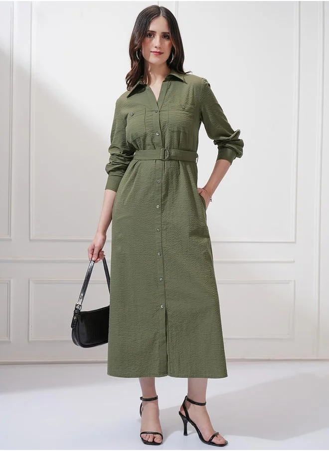 Tokyo Talkies Textured Collared Shirt Midi Dress with Belt Detail