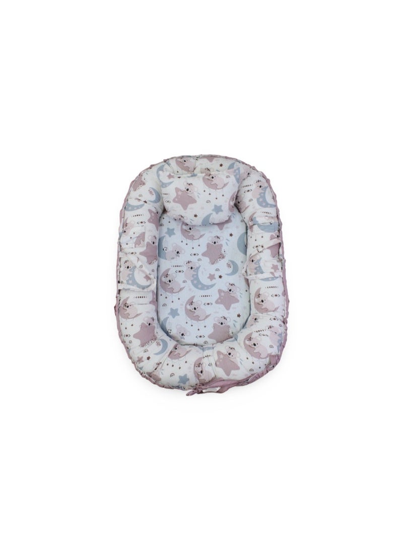 Baby Nest – Dusty Pink with Koala, Crescent , and Stars Print - Image 1