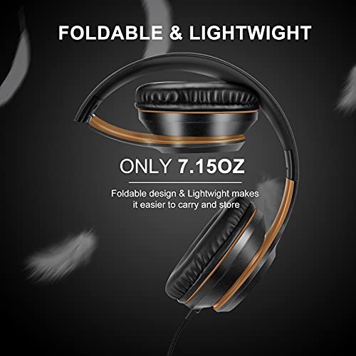 Lorelei X8 Over-Ear Wired Headphones with Microphone with 1.45m-Tangle-Free Nylon Line&3.5mm Plug,Lightweight Foldable & Portable Headphones for Smartphone,Tablet,Computer,Mp3/4(Black-Gold) - Image 3