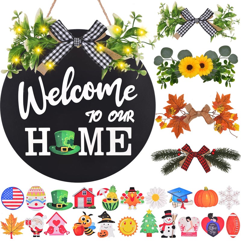 IDATOO Interchangeable Welcome Home Sign, Front Door Decor With 4 Seasonal Wreaths and 21 Changeable Icons, Rustic Wood Wall Porch Hanger for Holiday Halloween Christmas Housewarming Gift (Black) - Image 1